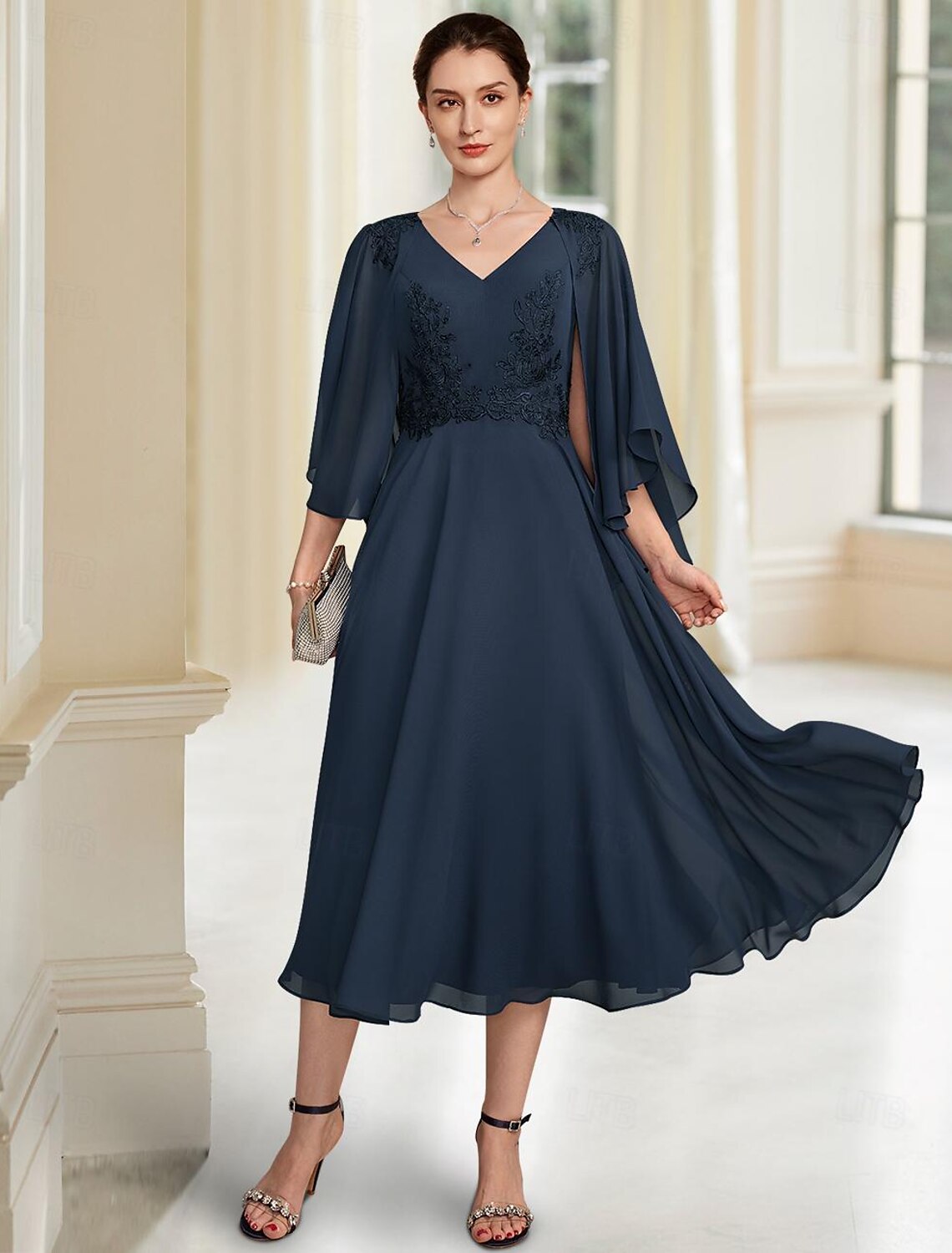 Buyishang A-Line Mother of the Bride Dress Elegant V Neck Tea Length Chiffon 3/4 Length Sleeve with Lace free custom size